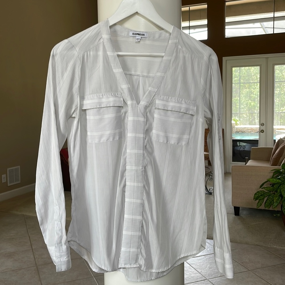 Express, womens, long sleeve blouse, grey / white stripes, size small